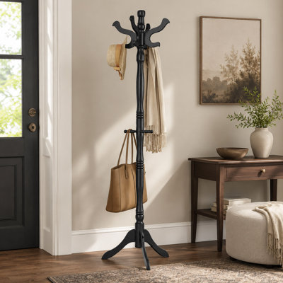 Solid Wood Coat Rack, 8 Hooks, and 3 Height Options, Ink Black