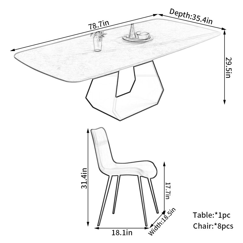 Ensemble de chaises de salle à manger Modern Luxurious Rock Plate, H 29,5 po x L 78,7 po x l 35,4 po
