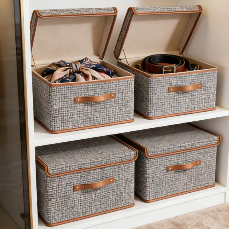 4Pcs Large Storage Bins with Lids, Decorative Storage Boxes with Lid and PU Handles, Foldable Storage Baskets for Closet, Shelves, Stackable，Set of 4