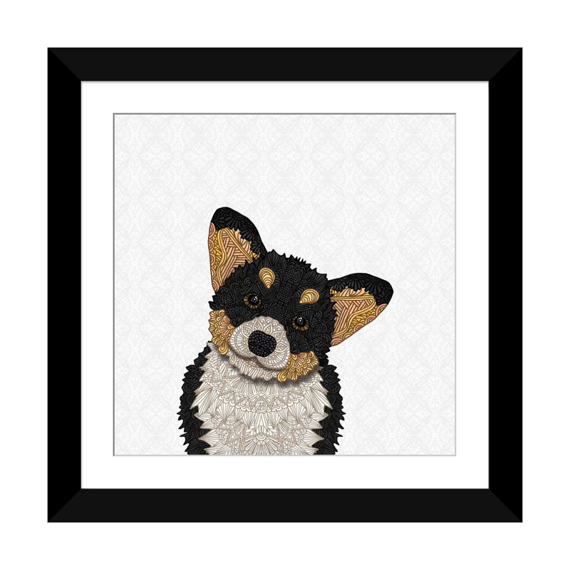 «Cute Corgi» par Angelika Parker, impression sur toile tendue, H 16 po x l 16 po x P 1 po, Papier d'art encadré noir, Blanc