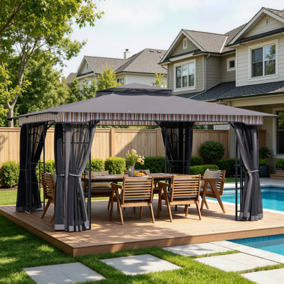 13 Ft.W x 11 Ft.D Outdoor Steel Patio Gazebo with Double Vented Roof and Full Netting