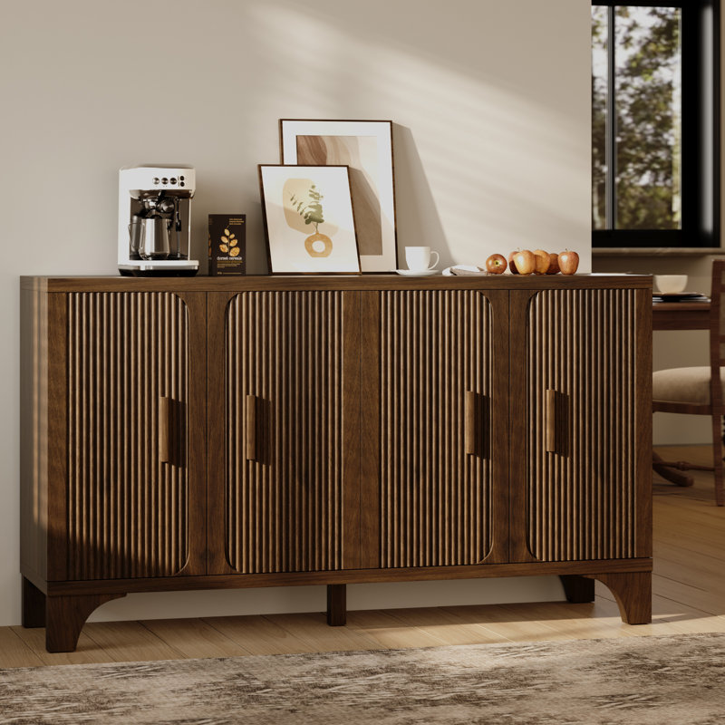Mid-century Modern Fluted Buffet Cabinet, 55" Storage Sideboard With Doors - Walnut Brown