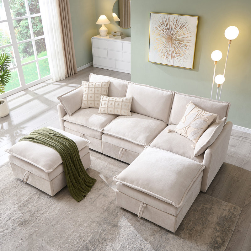 Canapé modulaire de 86 po avec grand espace de rangement, canapé modulaire en U en chenille avec repose-pieds, avec coussins de siège profonds et coussins décoratifs