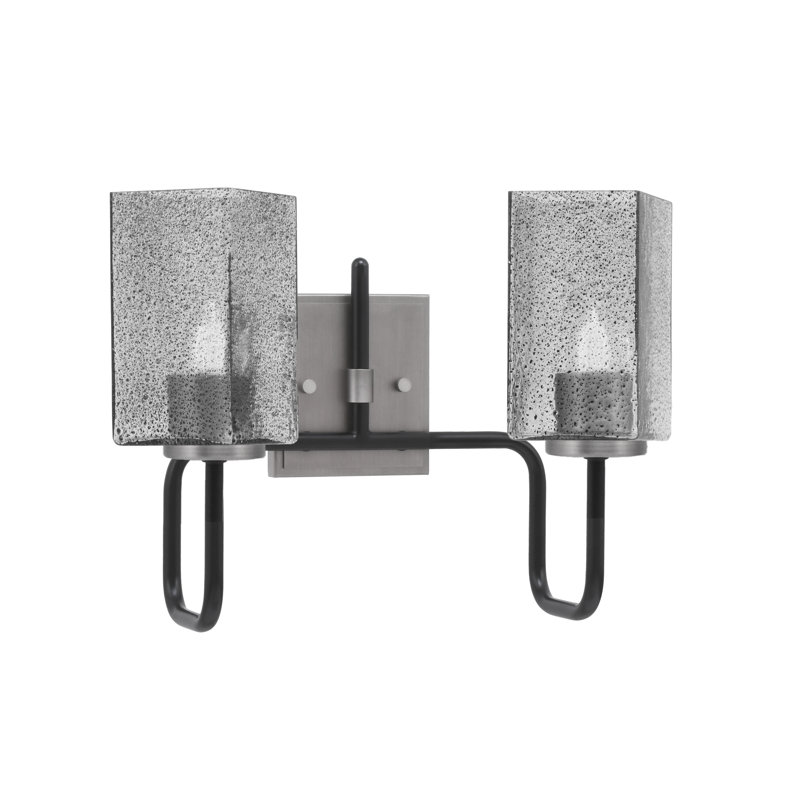 Barre d'éclairage de salle de bain 2 lumières Amarmula, noir mat et finition graphite, verre à bulles fumée carré de 3,5 po