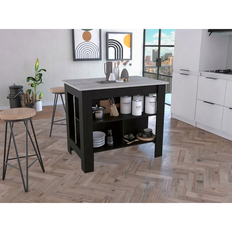 Kitchen Island, Four Legs, Three Shelves, Black, Gray