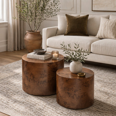 2-Piece Nesting Round Coffee Table Set Drum Accent Side Table