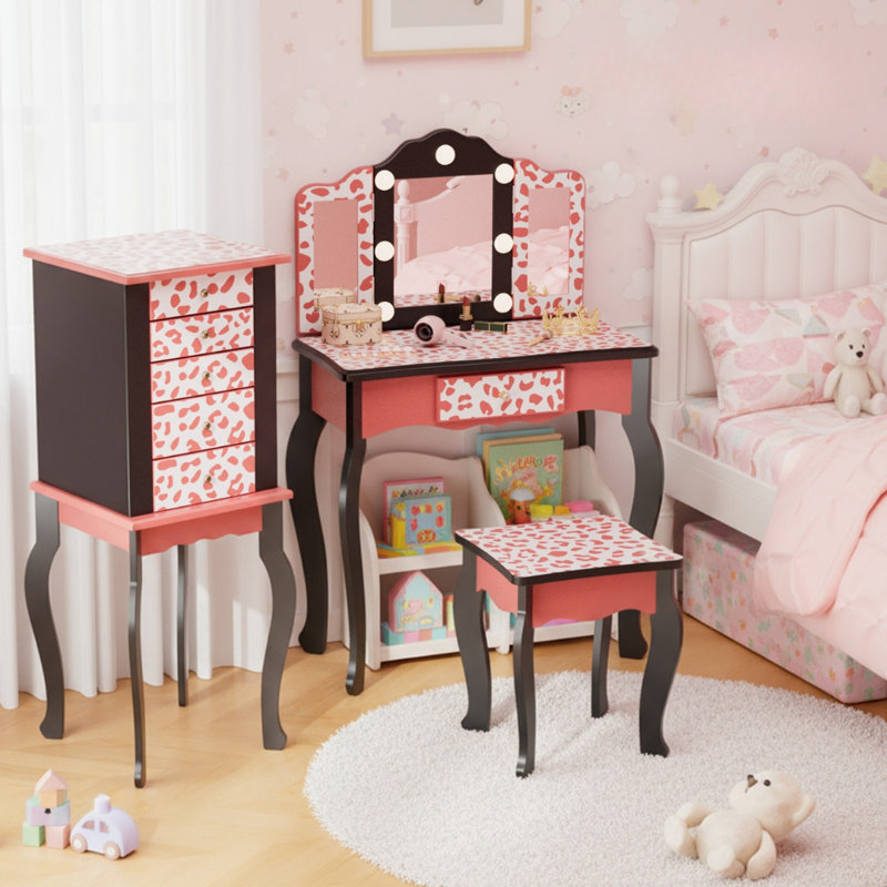 Kids MDF Vanity Table Set In Pink With 1 Drawer With 3-Color Dimmable LED Bulb, Pink/Black