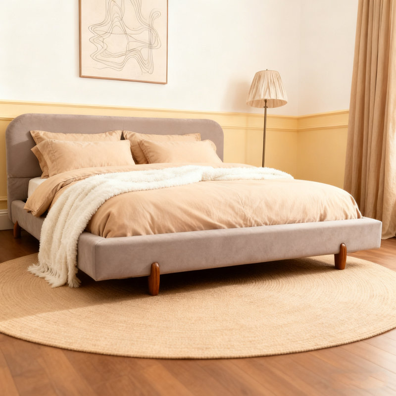 Solid Wood Legs Upholstered Bed Frame, Pink Velvet, King
