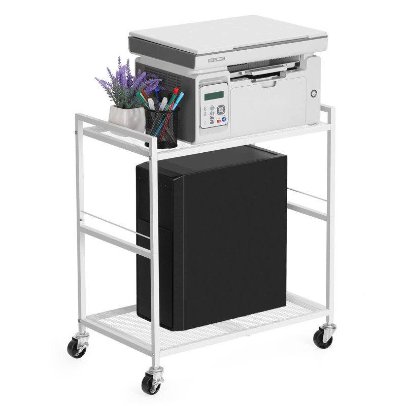 White Metal 2-Tier Mobile Printer and PC Tower Stand