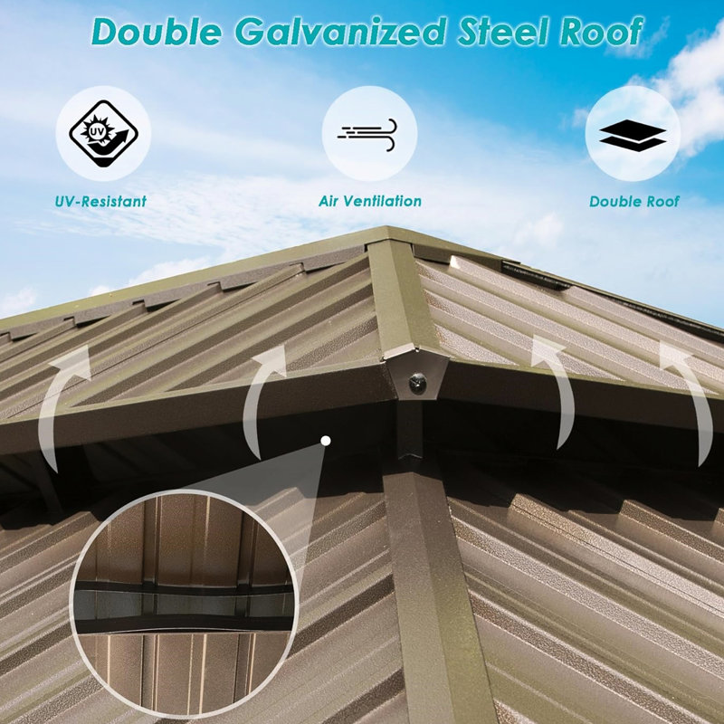 12' X 18' Gazebo, Aluminum Metal And Galvanized Steel. Privacy Curtains For Private Space. Brown 12X18ft Made Of Materials. Insect-Repellent Netting.