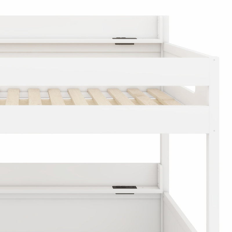 Cadre de lit superposé compact avec tablettes de rangement et ports USB, Blanc