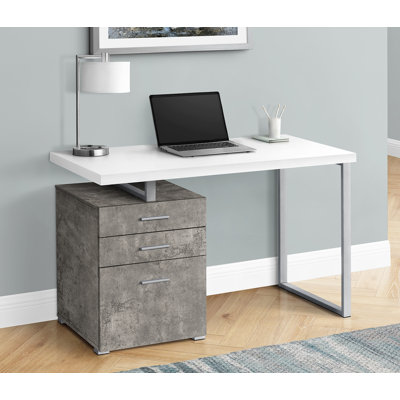 Bureau d'ordinateur de 48 po de L pour bureau à domicile, adapté pour ordinateur portable, installation à gauche ou à droite, avec tiroirs de rangement, plateau en stratifié blanc et béton, structure en métal blanc, style contemporain et moderne