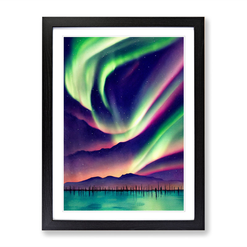 Watercolour Aurora Borealis Vol.4 1 Piece Single Picture Frame Wall Art, 34cm H x 25cm W x 2cm D, Oak