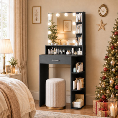26.4" Makeup Vanity Desk with LED Mirror, Drawer and 6 Storage Shelves