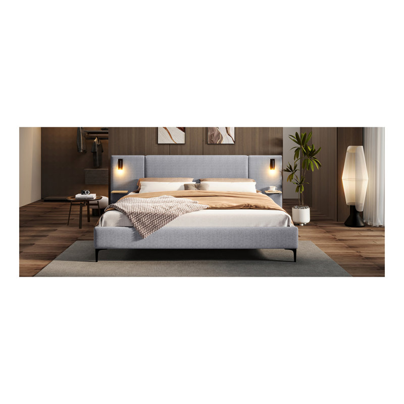Chic Linen Upholstered Bed With Integrated Lights And Shelves, Grey, King, Grey, Linen