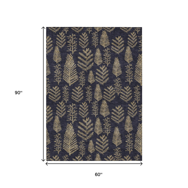 Tapis intérieur/extérieur lavable à motifs d'arbres noirs et dorés (152 x 244 cm).