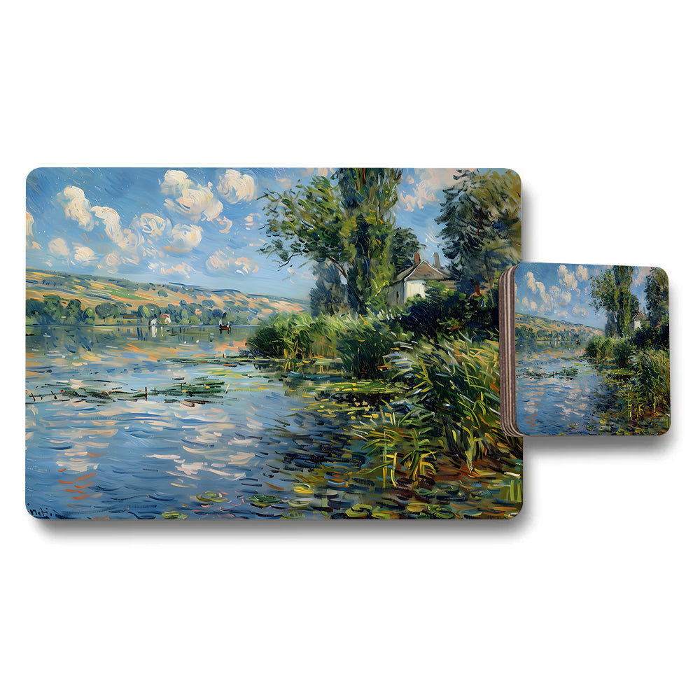 Impressionist Lake Landscape Placemat And Coaster Set With Water Reflections