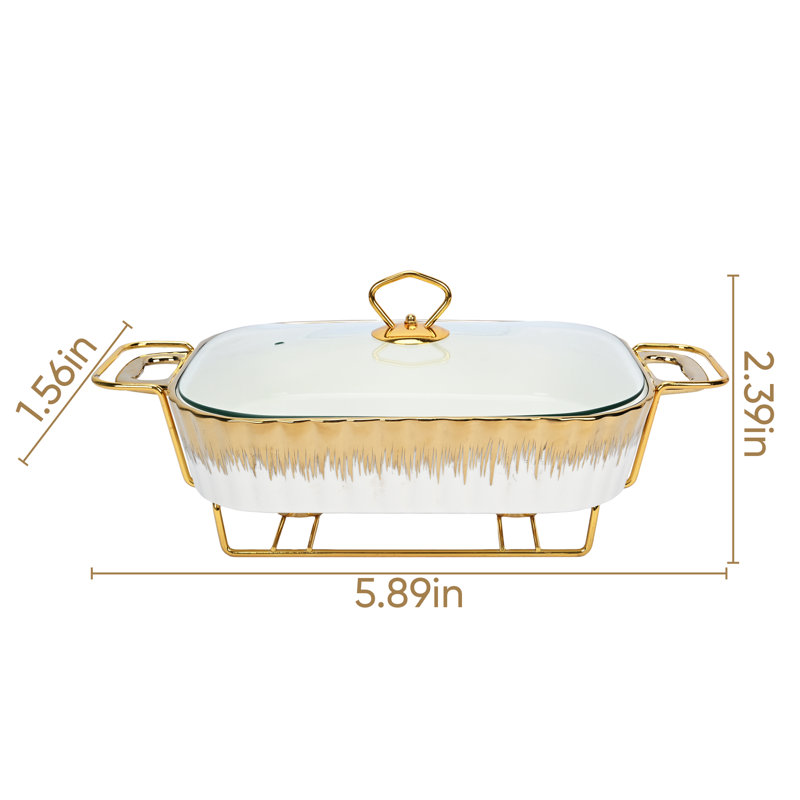 Gold - Rimmed Heated Rectangular Ceramic Buffet Server - Warm - Keeping & Fresh - Locking