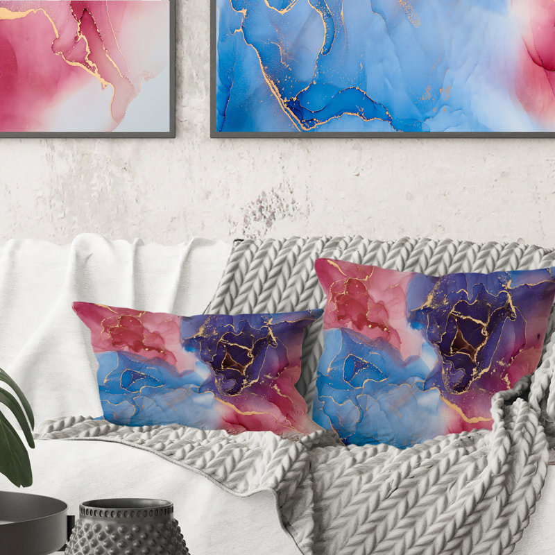 Mauve et bleu, art abstrait fluide de luxe V - coussin décoratif moderne, 18 po x 18 po
