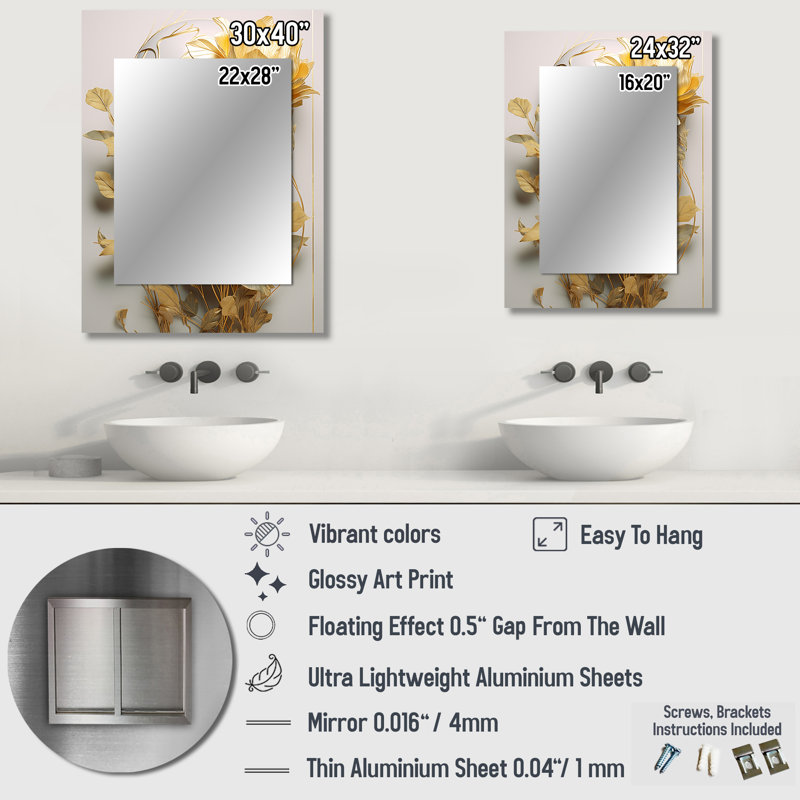 White and gold woman portrait with leaves II - Fashion Woman Large Wall Mirror, Glam Decorative Mirror, Printed Metal Art