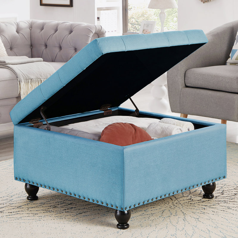 Square Tufted Upholstered Linen Ottoman