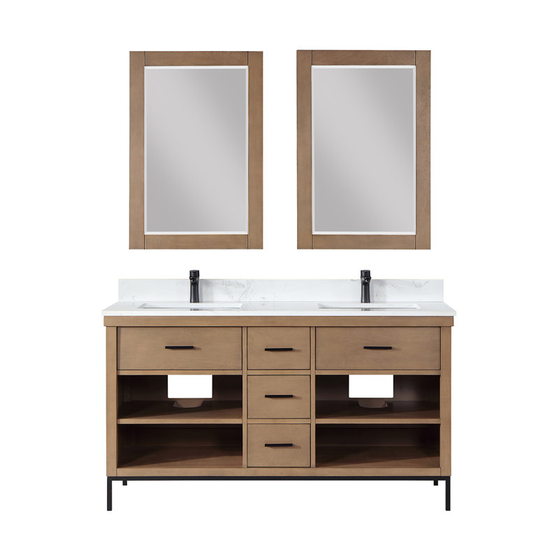 Ensemble de meuble-lavabo double 60 po avec miroir Adaire, Noir mat, Blanc