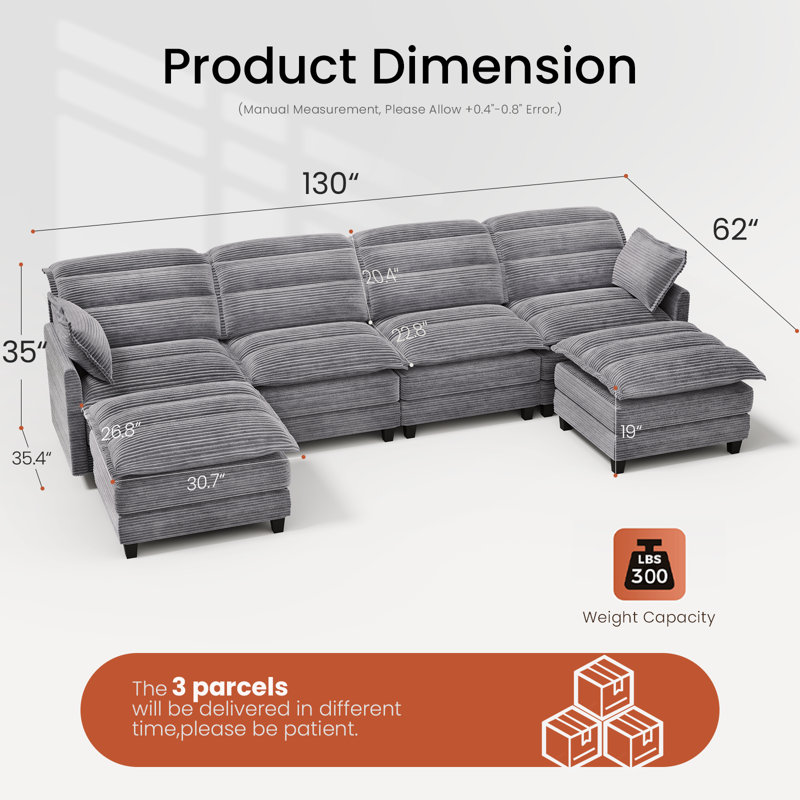 Canapé modulaire en forme de U à 6 places, canapé ergonomique Cloud avec revêtement profond en velours côtelé, canapé moderne et confortable pour grand salon, canapé convertible, gris