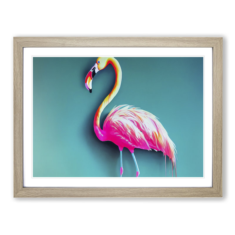 Magnetic Flamingo - Framed Print, 34cm H x 46cm W x 2cm D, Oak