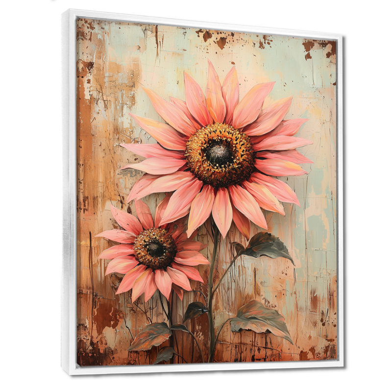 Dontai rétro rose, tournesols en fleurs II - art mural tournesols, H 40 po x l 30 po, Impression encadrée flottante, Blanc