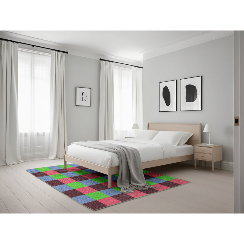 Tapis bleu/vert/brun à motifs, Rectangle 5 pi x 7 pi
