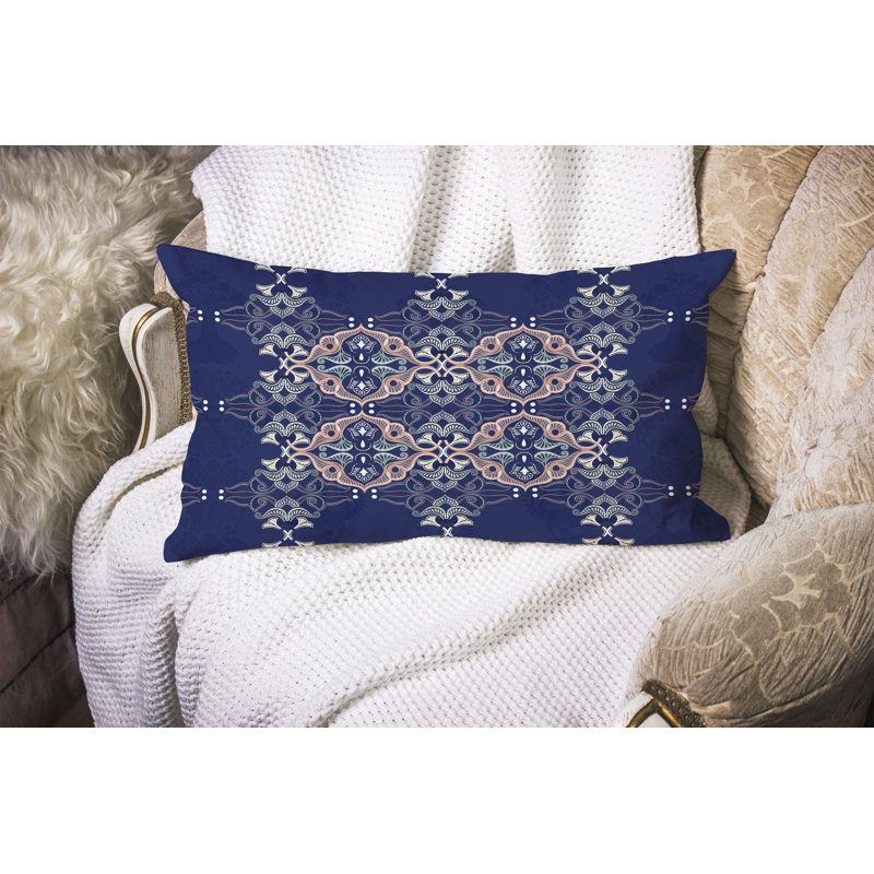 Floral Elegance  Rectangular Throw Pillow, Navy Blue/Orange