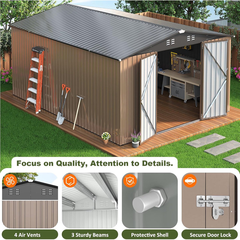 10 ft. W x 14 ft. D Outdoor Metal Shed Storage with Reinforced Steel Frame and Lockable Doors, Brown