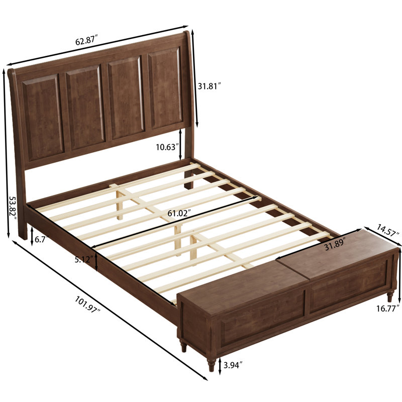 Structure de grand lit avec tête de lit haute et banc de rangement, lit-bateau en bois massif avec coffre de rangement de 64 po, sans sommier, noyer