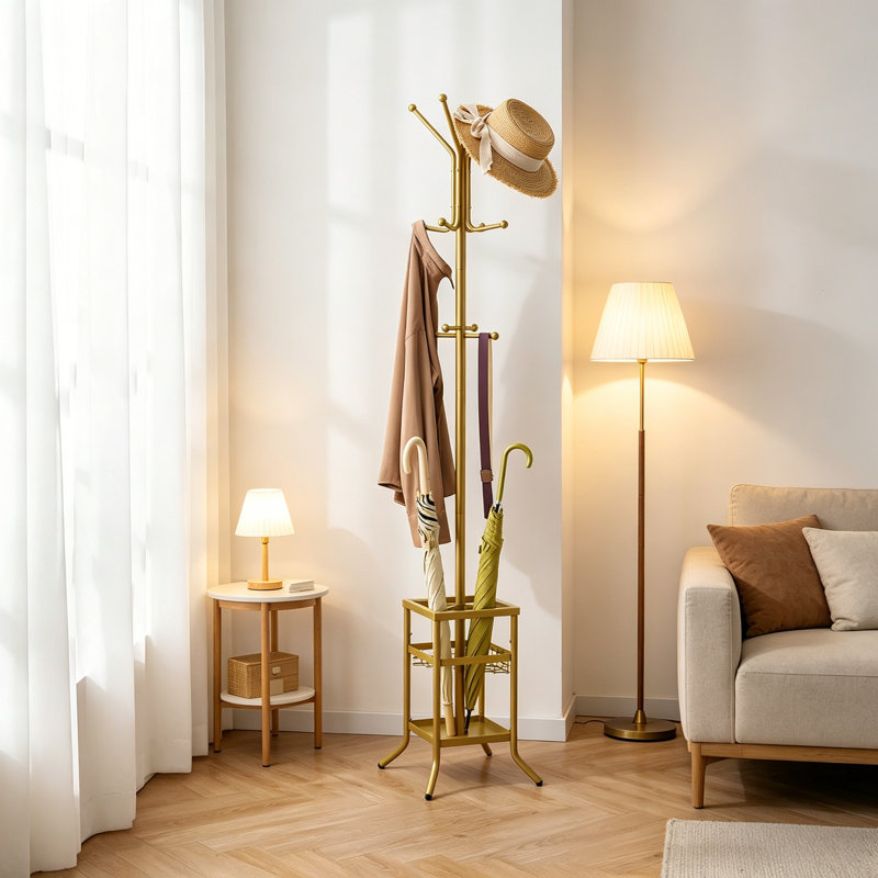 Freestanding Metal Coat Tree With Umbrella Holder, 12 Hooks, Modern And Minimalist Design, Suitable For Entryway, Living Room, Bedroom, Or Office Use.