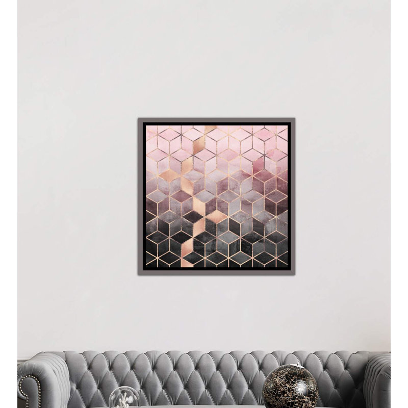 «Pink and Gray Cubes» par Elisabeth Fredriksson - impression d'art graphique, Toile encadrée de bois rustique foncé