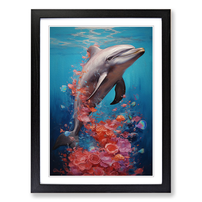 Dolphin Contemporary - Single Picture Frame Print on Wood, 64cm H x 46cm W, Black Framed