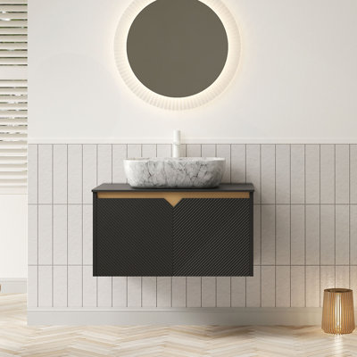 Meuble-lavabo 30 po, meuble-lavabo mural en contreplaqué flottant, portes doubles en sergé avec garniture en métal, vasque rectangulaire en céramique à motif marbré et plateau en pierre frittée