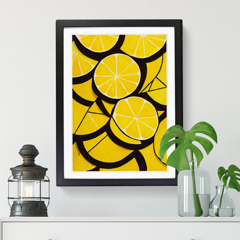 Sliced Lemon Fruit Suprematism - Single Picture Frame Print, Black, 64cm H x 46cm W x 2cm D