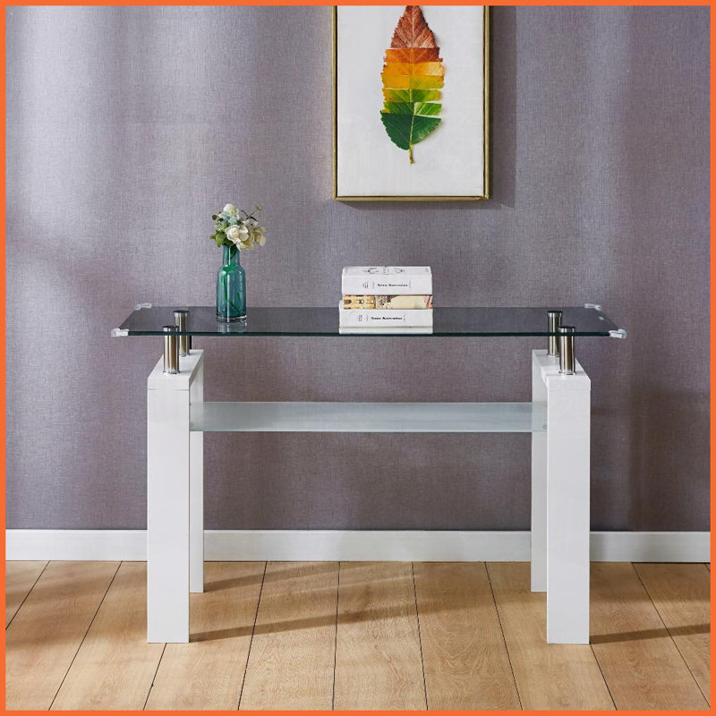 Table basse moderne en verre trempé pour le salon / vestibule, robuste et amp; Gain de place avec tablette givrée, Blanc