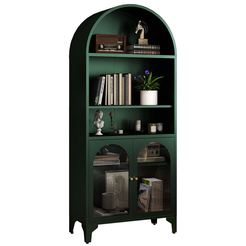 Vitrine de rangement arquée en métal 73,6 "avec tablettes réglables et portes en verre, Vert