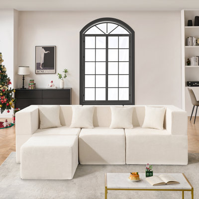 129"Cloud Modular Sectional Sofa with 2 Ottoman,Modern Minimalist Upholstered Couches, Comfort U Shaped Sofa for Living Room,Deep Seat Corner Couch,No