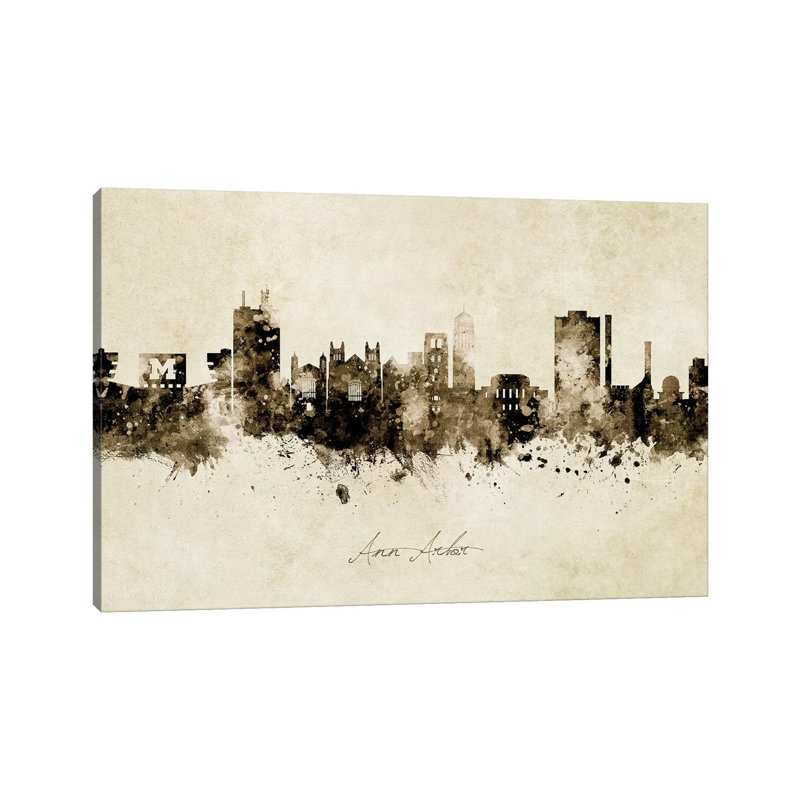«Ann Arbor Michigan Skyline Vintage» par Michael Tompsett, impression sur toile tendue, H 18 po x l 26 po x P 1,5 po