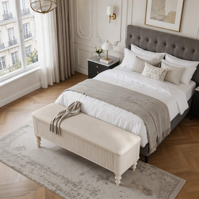 Banc de rangement avec repose-pieds en bois d'hévéa massif de 50,8 pouces avec siège en lin, Beige