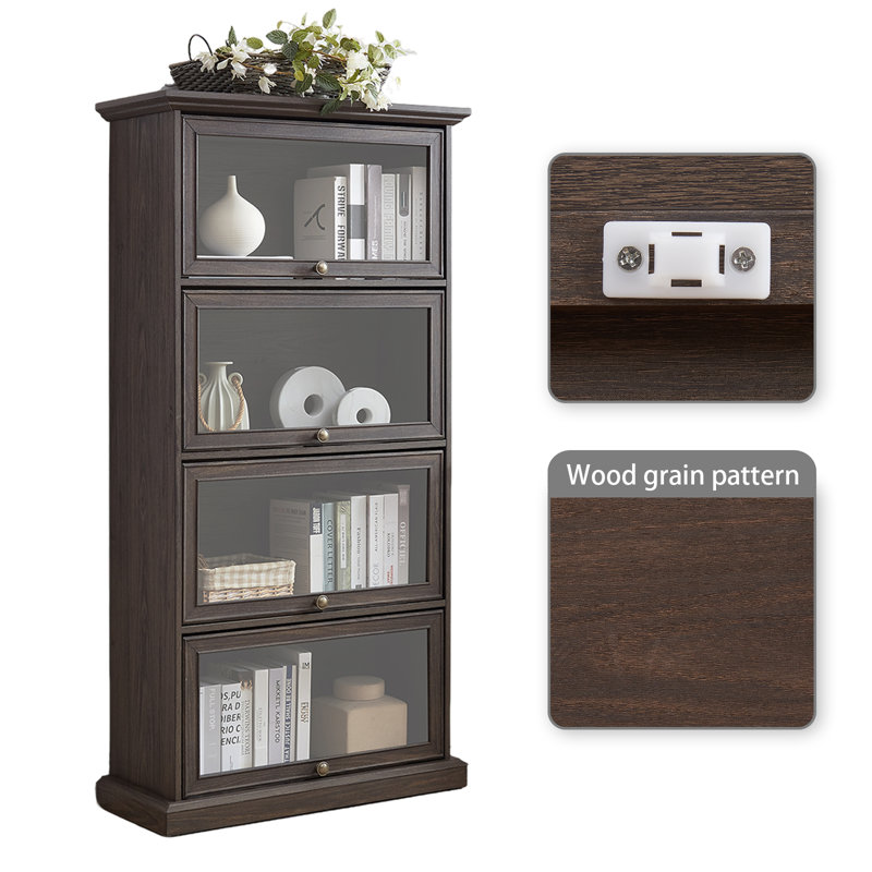 Vintage Four-Tier Display Cabinet with Flip-Up Glass Doors, Brown