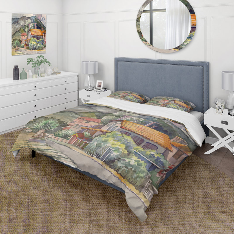 Paysage grec au large de la mer Égée - Ensemble de housse de couette en polyester traditionnel