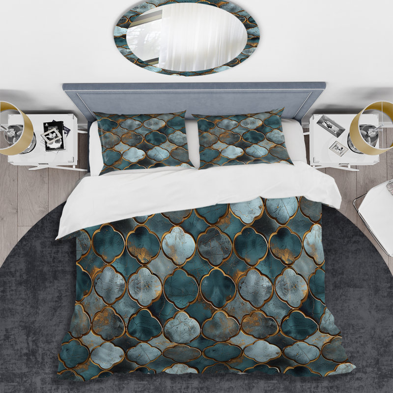 Ensemble de housse de couette Turquoise Metallic Octagon II - Glam, Housse de couette simple + 2 taies décoratives st