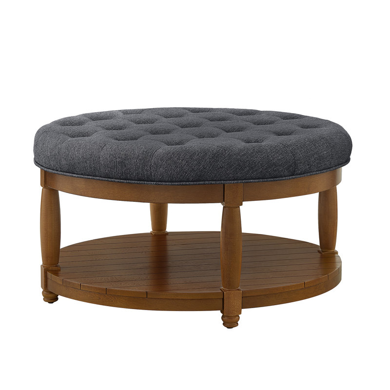 Grande table basse ronde avec repose-pieds rembourré en lin capitonné, grand repose-pieds avec tablette en bois massif