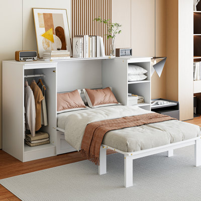 Lit simple avec tablettes et garde-robe en blanc - Option compacte pour économiser de l'espace