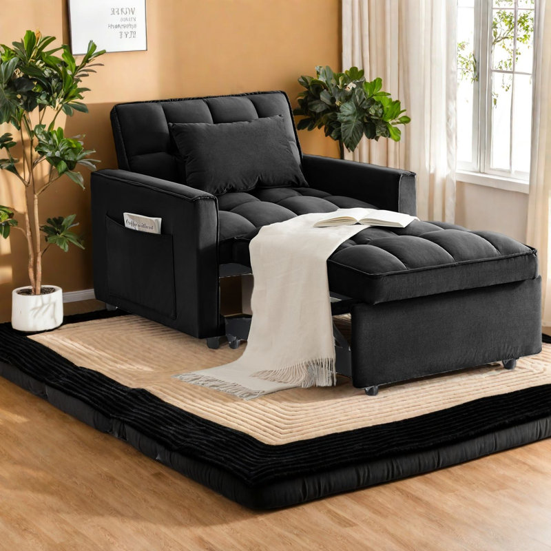 Compact Multifunctional Black Sofas, Metal & Wood Adjustable For Small Spaces