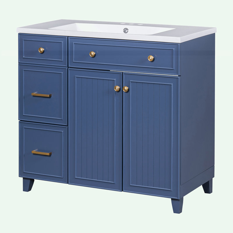 Armoire de salle de bain de style transitionnel avec lavabo en résine, Bleu
